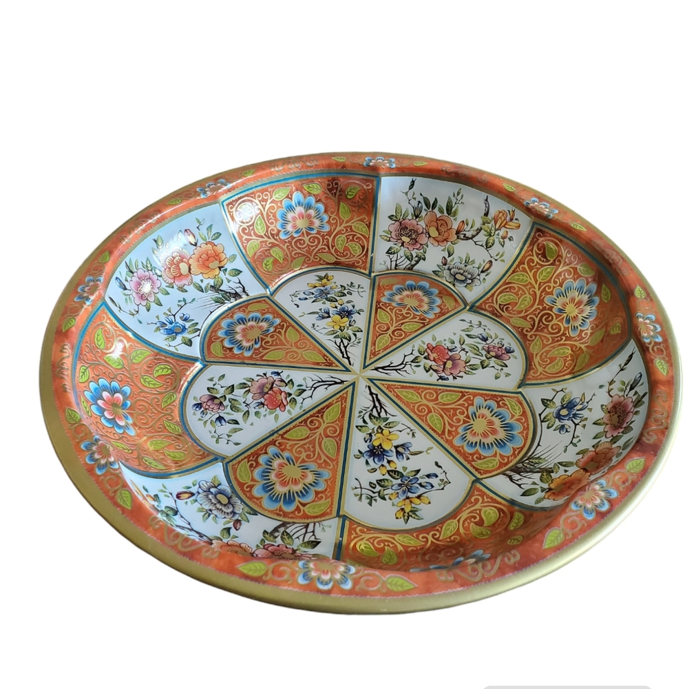 Daher Decorated Ware 1971 Tin Bowl Floral Orange Blue White Made In England - Picture 2 of 11